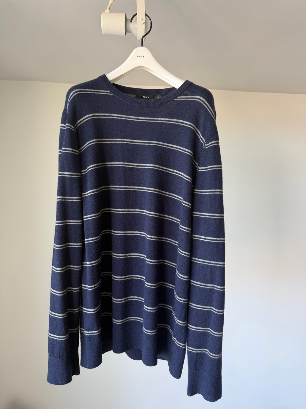 Theory Striped Navy Wool Crewneck Sweater